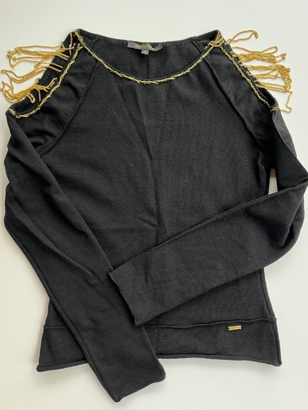 Roberto Cavalli cold-shoulder black wool top gold-tone chain sz Medium